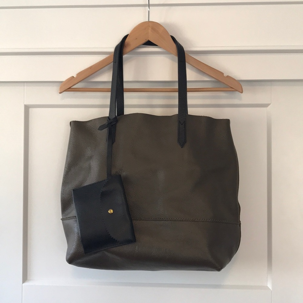 J Crew Classic Leather Tote in Dark Green/Black